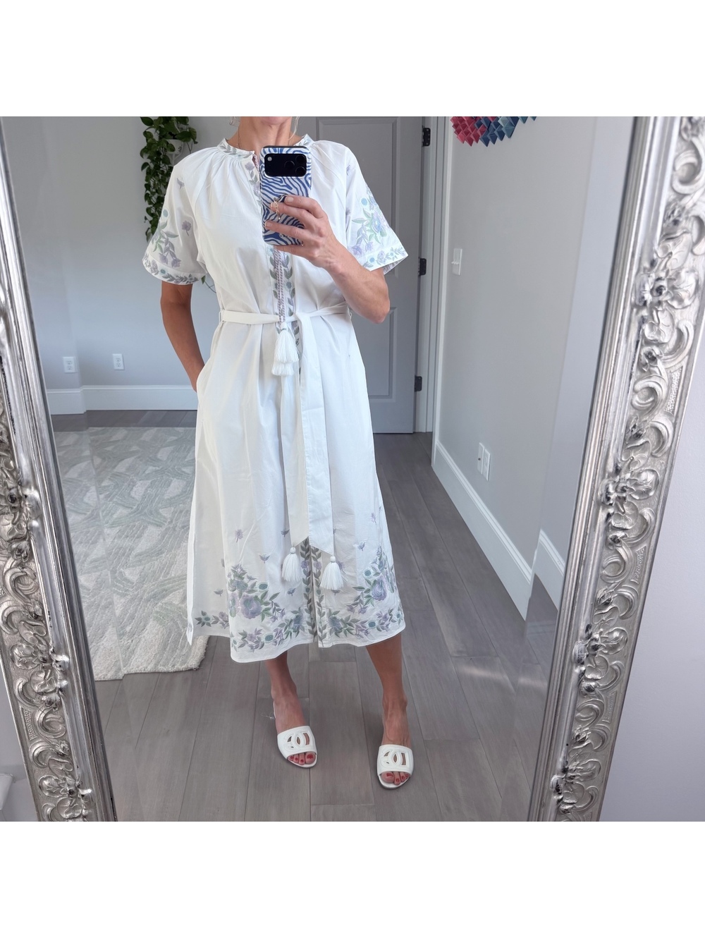 Julia Amory White Cotton Embroidered Midi Dress Size S